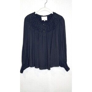 3.1 Phillip Lim Blouse Womens 6 Black Silk Polka Dot Smocked Long Sleeve Top